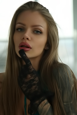 Angel Di teases in teal lingerie and black stockings, posing provocatively by the window, gloves on, body on display